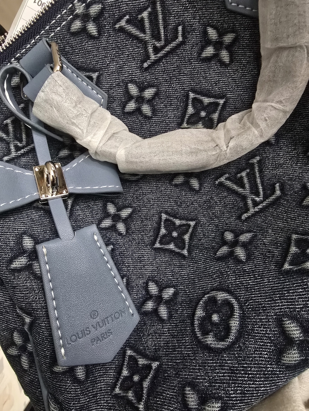 Cotton Denim Deluxe Monogram 30 Pillow Large Tote with Light Blue Leather Trim - Picture 7 of 16